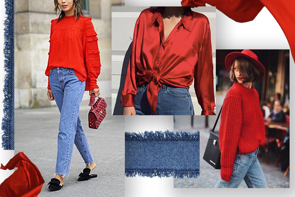 woman denim and red outfit